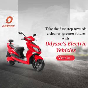 Red Odysse electric scooter against a blurred background with text promoting a cleaner future.