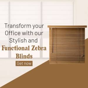 Zebra blinds in an office setting with promotional text