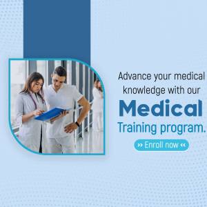 Two medical professionals reviewing a clipboard in a hospital hallway with text promoting a medical training program.