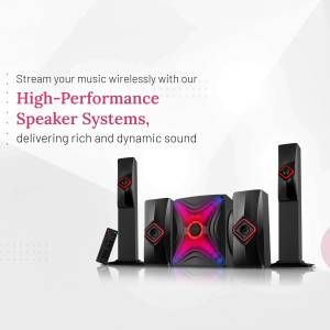 Black speaker system with red accents and remote control