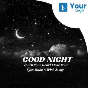 Night sky with crescent moon and clouds, with 'Good Night' text overlay