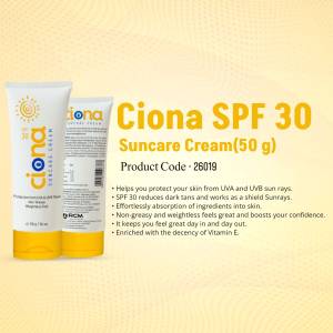 Two tubes of Ciona SPF 30 Sunscreen Cream against a yellow background