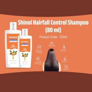 Shinol Hairfall Control Shampoo bottle with product details and hair health illustration.