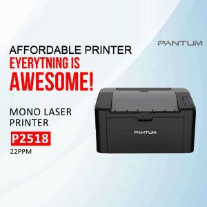 Black Pantum P2518 Mono Laser Printer on a white and light blue background with text promoting affordability.