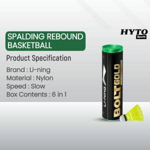 Close-up of a Li-Ning Bolt Gold shuttlecock tube with product specifications.