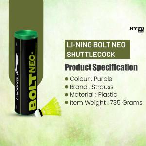 Close-up of a Li-Ning Bolt Neo Shuttlecock tube with product specifications.