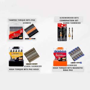 Assortment of screwdriver bit sets with different torque and magnetic options.