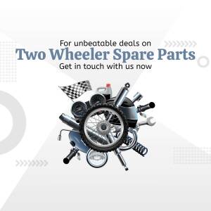 Assortment of two-wheeler spare parts with promotional text