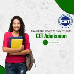 A young woman holding books with a Maharashtra CET advertisement in the background.