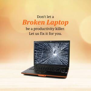 Broken laptop screen with text promoting repair services