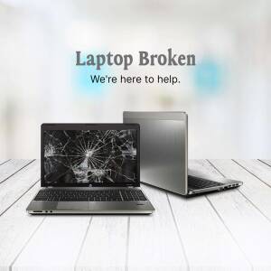 Broken laptop screen with a replacement laptop beside it