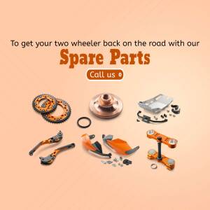Assortment of orange motorcycle spare parts with text promoting repair services.