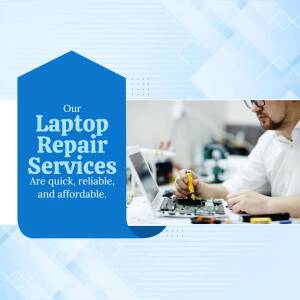 A technician repairing a laptop in a workshop, advertising laptop repair services.