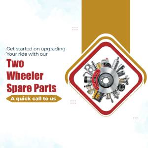 Advertisement for two-wheeler spare parts with a collage of parts inside a diamond shape.