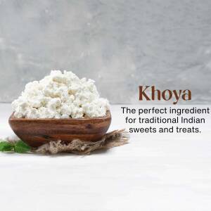 A wooden bowl filled with Khoya, a traditional Indian ingredient, with mint leaves and text 'Khoya - The perfect ingredient for traditional Indian sweets and treats'.