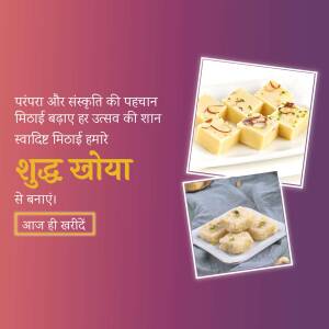 Assortment of traditional Indian sweets (Barfi) with festive text.