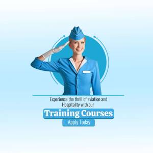 Flight attendant saluting with training course advertisement