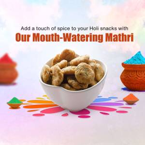 A bowl of crispy Mathri snacks with Holi colors in the background.