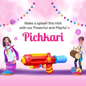 Colorful Holi Pichkari advertisement with people celebrating