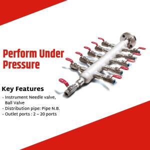 Stainless steel manifold valve system with multiple outlets and red handles.