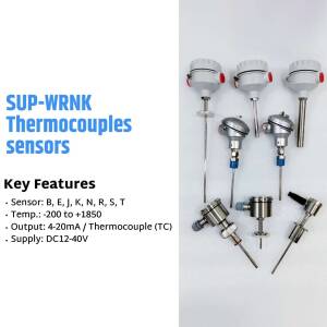 Image of various SUP-WRNK Thermocouple sensors with key features listed.