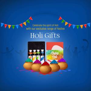 Holi festival gifts promotion with colorful elements and festive decorations.