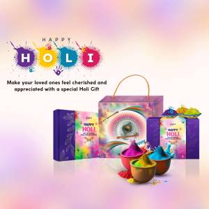 Holi gift boxes and colorful powders with the text 'Happy Holi'