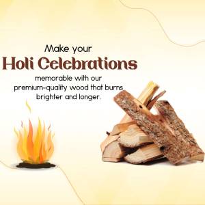 Holi festival advertisement featuring wood and fire
