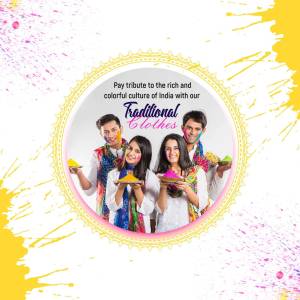Group of young people celebrating Holi festival with colorful powders and traditional Indian clothing.