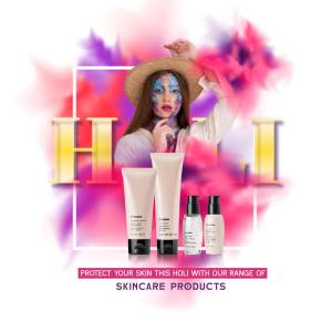 Woman with Holi face paint and skincare products