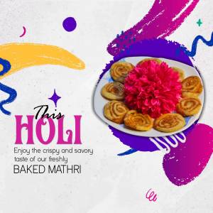 Colorful Holi image with baked mathri and festive decorations