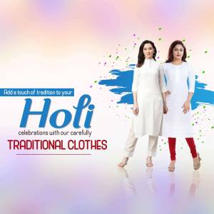Two women wearing white traditional kurtas with colorful Holi splashes and text promoting traditional clothes.