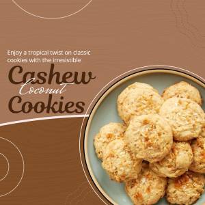 A plate of golden-brown cashew coconut cookies with a brown background.