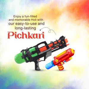 Image of Pichkari water guns with Holi color splashes and promotional text.