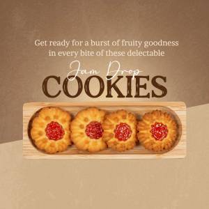 A promotional image featuring four jam drop cookies arranged on a wooden tray with text overlay.