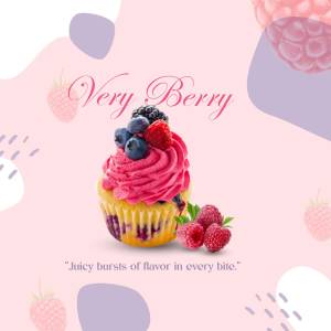 A pink frosted cupcake topped with various berries and a quote.