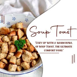 Bowl of soup toast with parsley garnish and text overlay