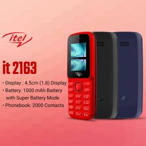 Three itel it2163 feature phones in red, black, and blue