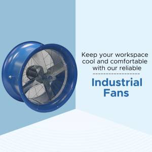 Blue industrial fan against a light blue wall with text promoting workspace cooling.