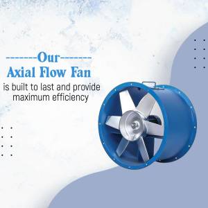 Blue axial flow fan with silver blades against a light blue and white background.