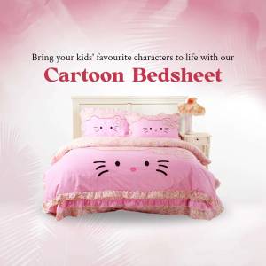 Pink Hello Kitty cartoon bedsheet set on a bed with decorative pillows.