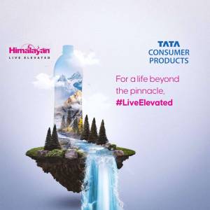 Image of a Tata Himalayan water bottle with a mountain landscape inside, floating above a waterfall.