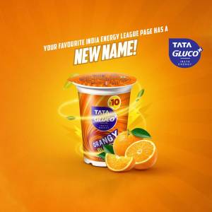 Image of Tata Gluco Energy Orange drink with oranges and a new name announcement.