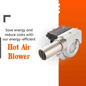 Close-up of a modern hot air blower with text promoting energy savings.