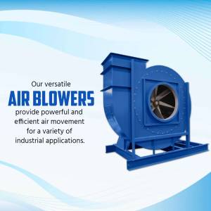 Blue industrial air blower with text overlay