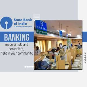 State Bank of India branch with customers and the tagline 'Banking made simple and convenient'