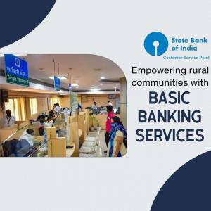 State Bank of India branch with customers and staff, promoting basic banking services.