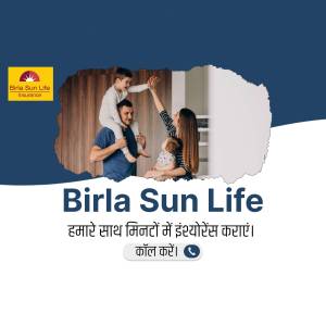 A happy family with a torn paper background and Birla Sun Life Insurance logo.