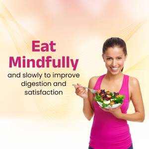 Woman enjoying a healthy salad and promoting mindful eating.
