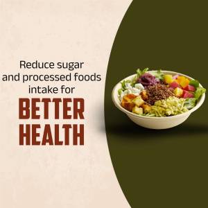 Bowl of healthy food with text promoting reduced sugar and processed food intake.